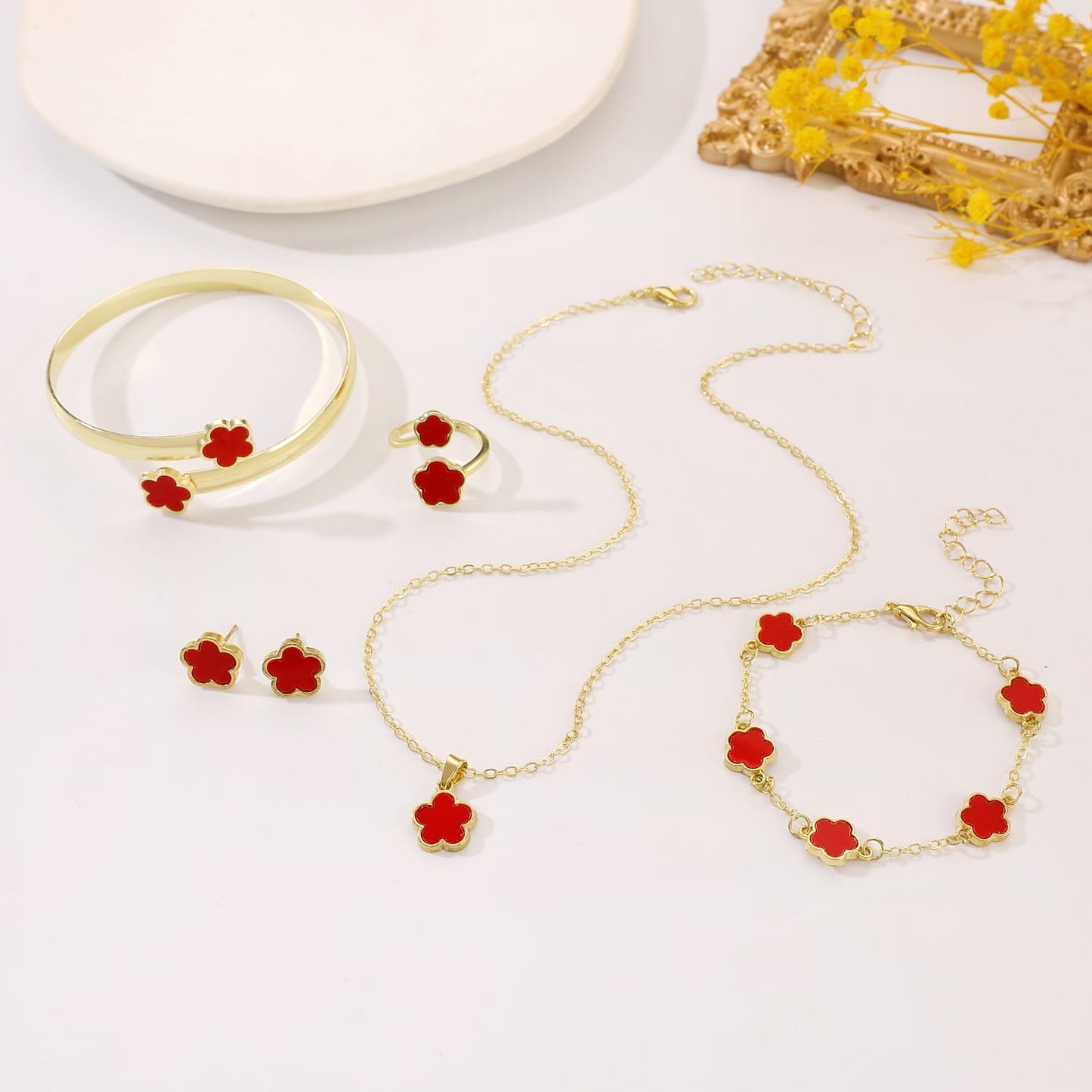European and American Cross-border Hot Selling Lucky Flower Jewelry suit Five-leaf Clover Bracelet Bracelet Earrings Necklace Ring Women Jewelry