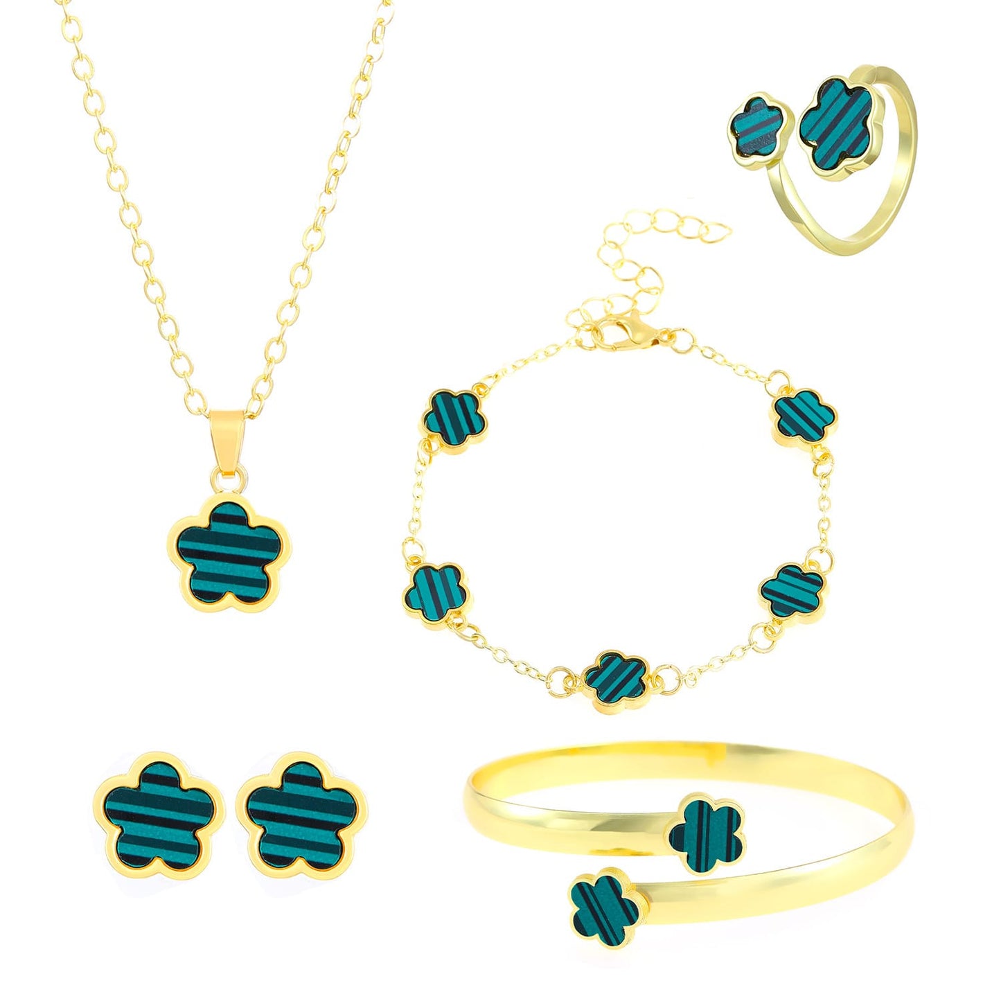European and American Cross-border Hot Selling Lucky Flower Jewelry suit Five-leaf Clover Bracelet Bracelet Earrings Necklace Ring Women Jewelry