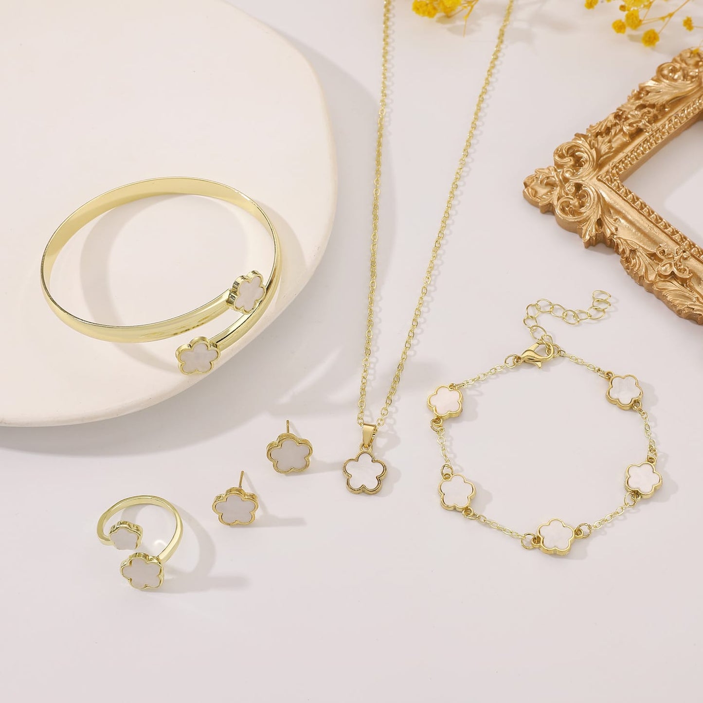 European and American Cross-border Hot Selling Lucky Flower Jewelry suit Five-leaf Clover Bracelet Bracelet Earrings Necklace Ring Women Jewelry