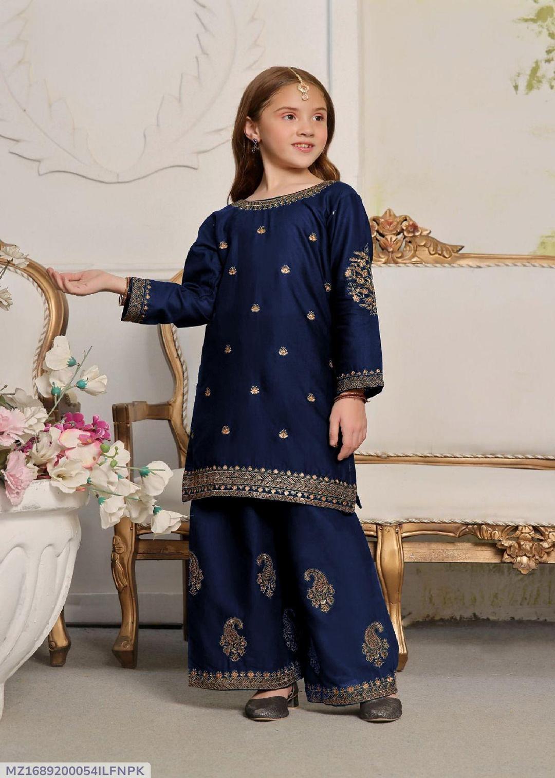 2 Pcs Girl's Silk Embroidered Kurta And Trouser
