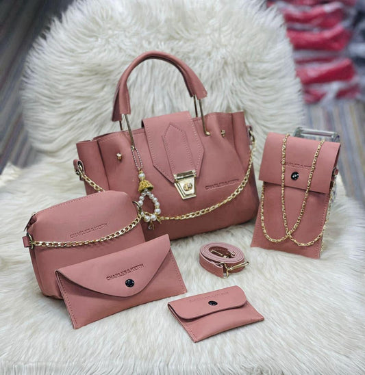 Stylish Girl's Leather Hand Bag Set - 5 Pcs in Black, Blue, Maroon, Pink