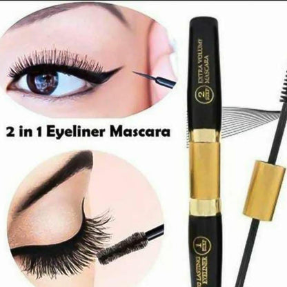 2-in-1 Waterproof Volumizing Mascara Liner - Smudge Proof, Black