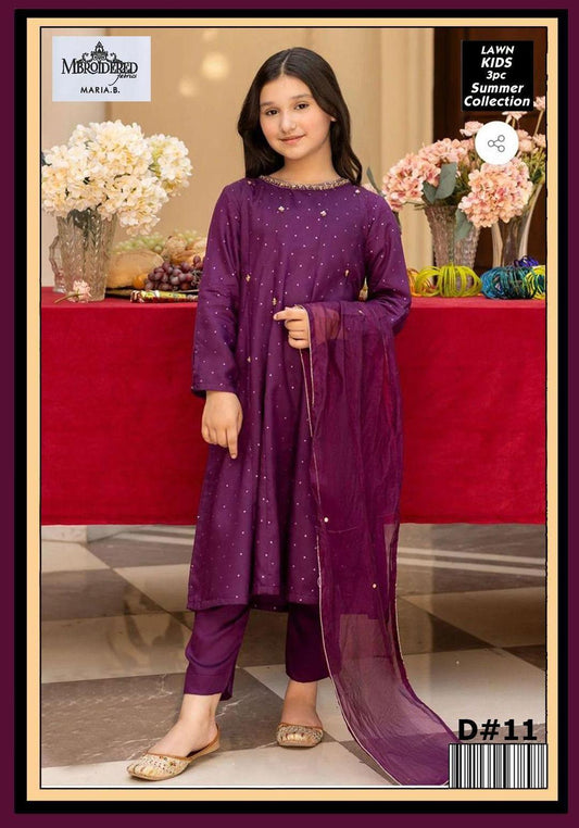 Charming Girl's 3 Pcs Embroidered Lawn Suit with Dupatta