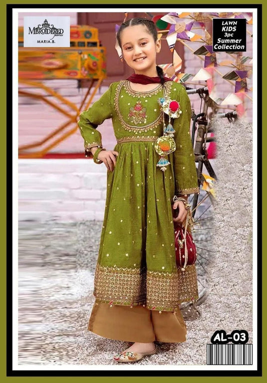 Charming Girl's 3 Pcs Embroidered Lawn Suit with Dupatta