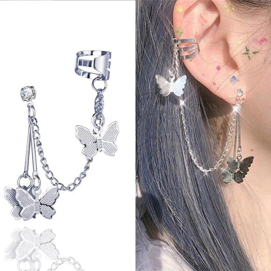 Silver Plated Butterfly Design Earrings - 2 Pcs Long Chain Ear Cuffs for Women
