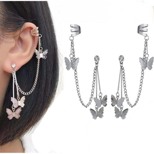 Silver Plated Butterfly Design Earrings - 2 Pcs Long Chain Ear Cuffs for Women