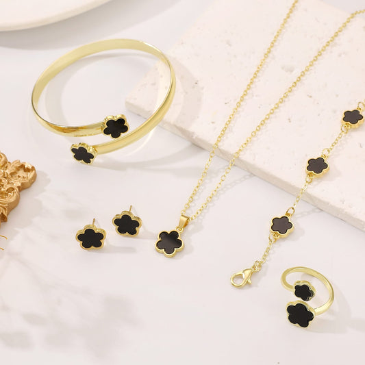 European and American Cross-border Hot Selling Lucky Flower Jewelry suit Five-leaf Clover Bracelet Bracelet Earrings Necklace Ring Women Jewelry