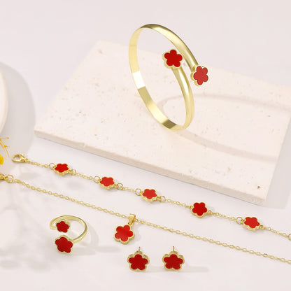 European and American Cross-border Hot Selling Lucky Flower Jewelry suit Five-leaf Clover Bracelet Bracelet Earrings Necklace Ring Women Jewelry