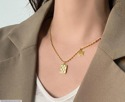 Square Design Silver Plated Artificial Stones Necklace