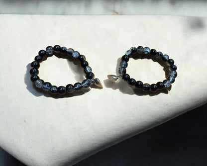 Stylish 2 Pcs Heart Design Unisex Couple's Bracelet - Silver Plated Beads with Black and Blue Stones