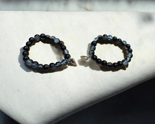 Stylish 2 Pcs Heart Design Unisex Couple's Bracelet - Silver Plated Beads with Black and Blue Stones
