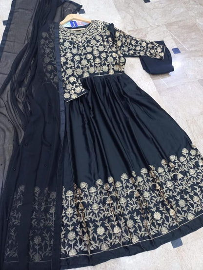 Elegant Black Shamoz Silk Embroidered Maxi Suit - 3 Pcs Set