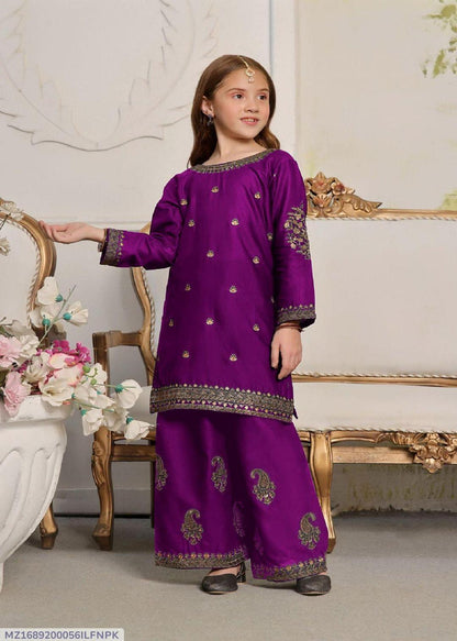 2 Pcs Girl's Silk Embroidered Kurta And Trouser