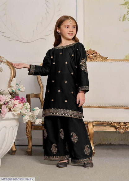 2 Pcs Girl's Silk Embroidered Kurta And Trouser