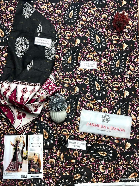 3 Pcs Women's Unstitched Khaddar Printed Suit